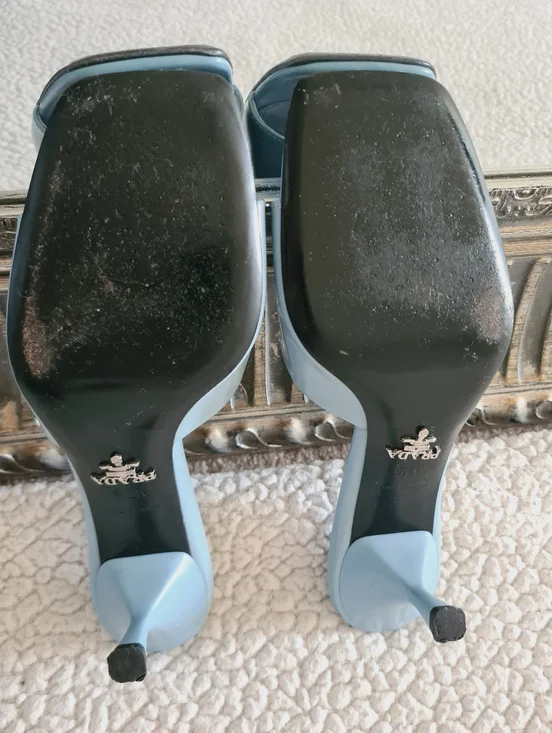 PRADA Burnished Leather Heeled Slide Sandals In Celeste EU 37.5 US 7.5 Org $1295 - Picture 10 of 16
